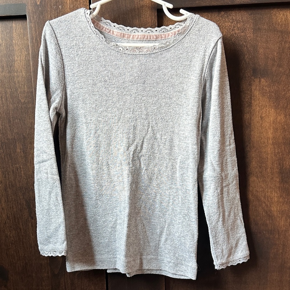 Gray Long Sleeve Top with Lace Trim
